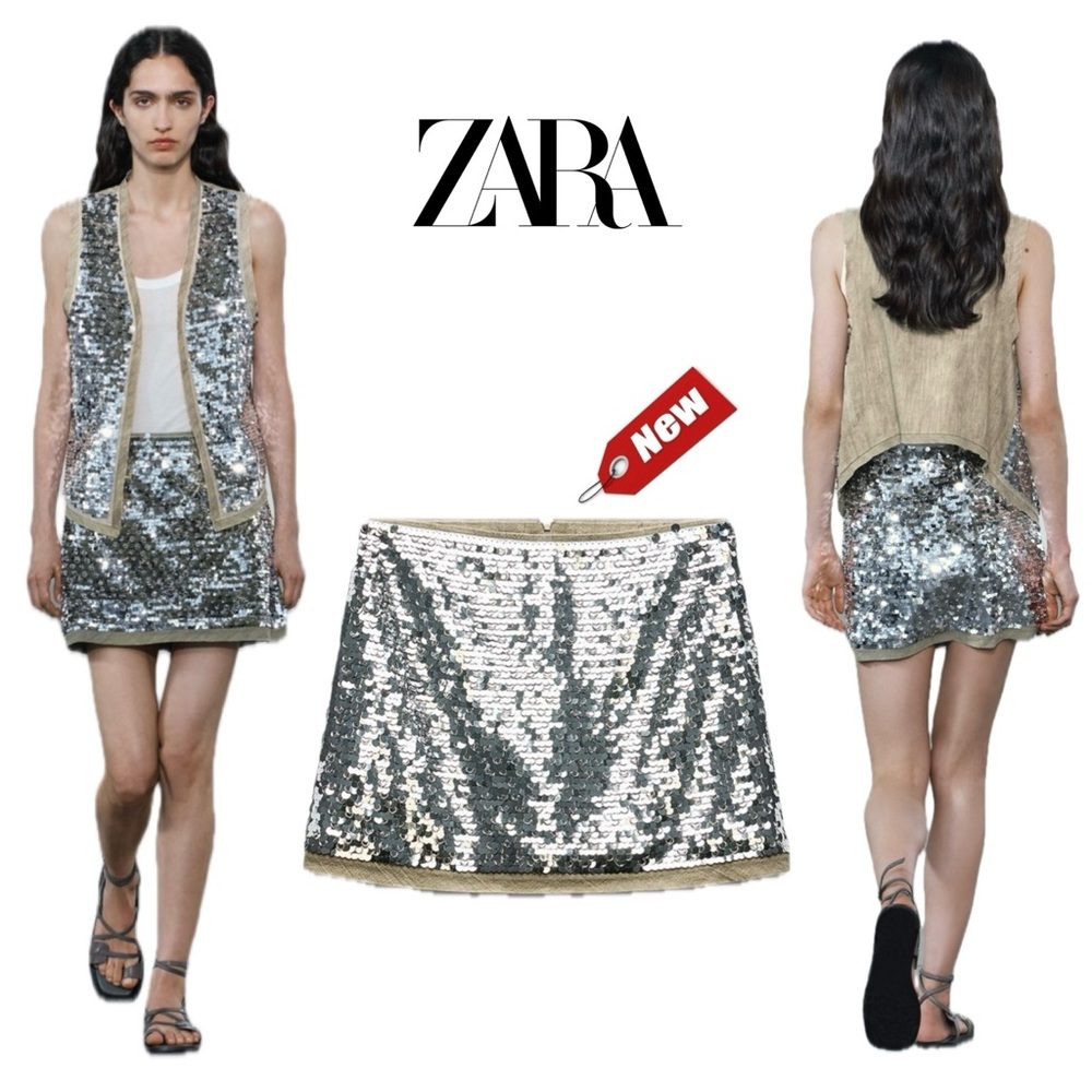 Zara ZW Collection silver beige metallic sequin chain mini skirt high waist Sz S